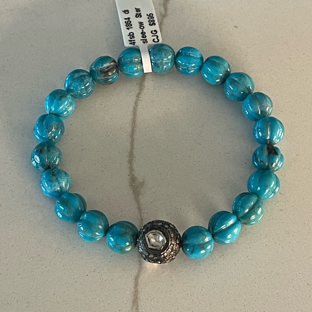 Elegant Fluted Natural Turquoise and Polki Diamond Beaded Bracelet 7”